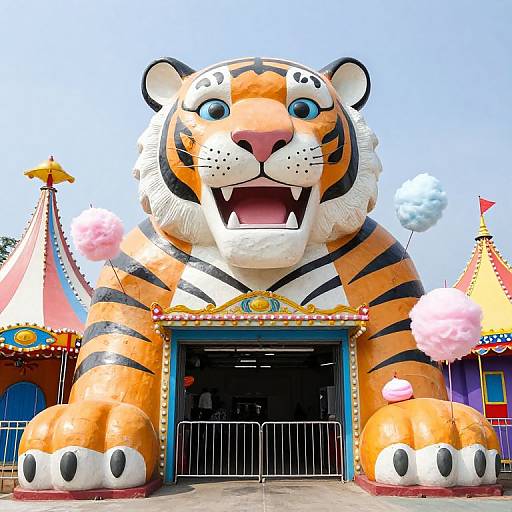 Photograph of a giant, colorful, cartoon tiger entrance at a carnival, with striped orange and black fur, blue eyes, and open mouth, surrounded