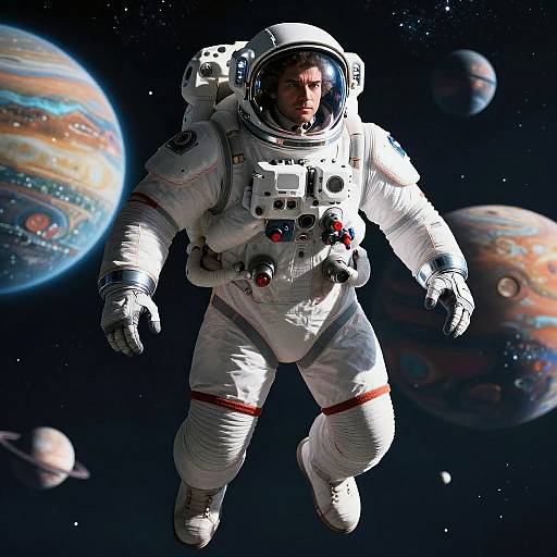 Photorealistic digital image of an astronaut floating in space, wearing a white spacesuit with red accents, surrounded by colorful planets and stars.