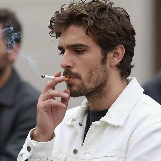 Man Smoking Cigarette in White Jacket