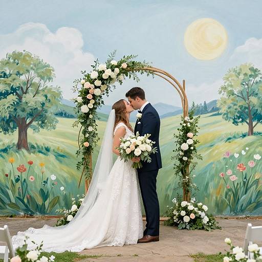 Photograph of a bride in a white lace dress and veil, holding a bouquet, kissing a groom in a black suit under a floral arch in a