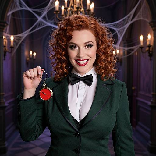 Photograph-style digital artwork of a red-haired woman in a black suit and bow tie, holding a red coin, smiling, in a dimly lit