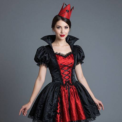 Photograph of a pale-skinned woman with red lipstick, wearing a black and red corset dress, lace trim, and a red crown, against