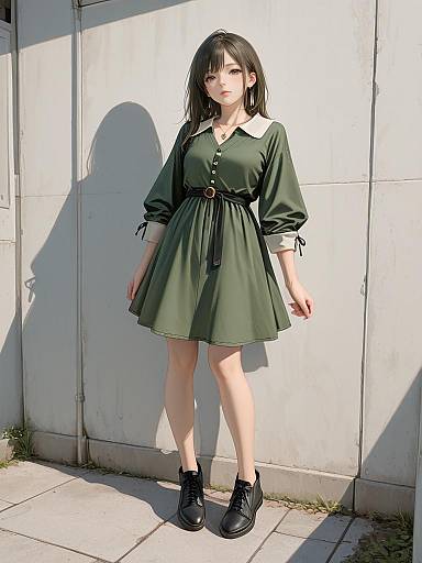 Photograph of a young Japanese woman with shoulder-length black hair, wearing a green dress with white collar, black belt, and black ankle boots, standing