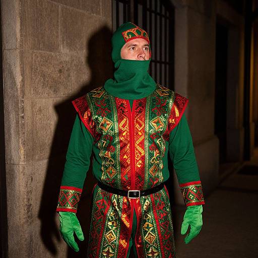 Photograph of a man in a medieval-style, green and red embroidered robe with intricate patterns, green gloves, and hood, standing in a dimly