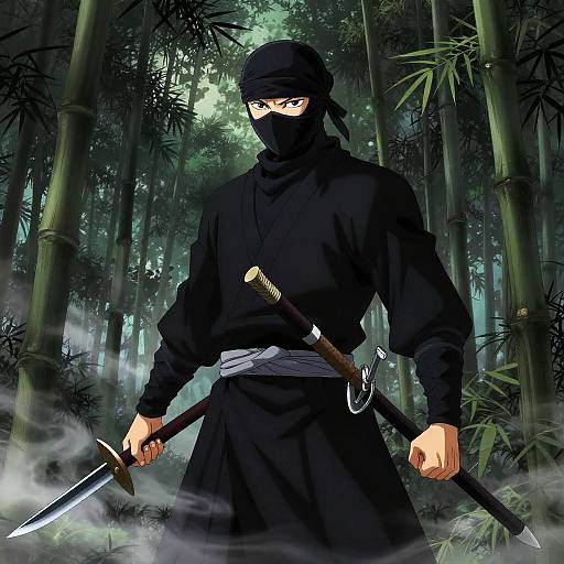 Stealthy Ninja in Shadowy Bamboo Forest