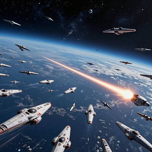Photorealistic CGI of a space battle in outer space, featuring numerous white starfighters surrounding a bright laser blast near Earth's curvature.