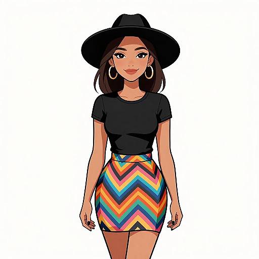 Digital illustration of a young woman with medium brown skin, black hat, hoop earrings, black top, and colorful zigzag skirt.