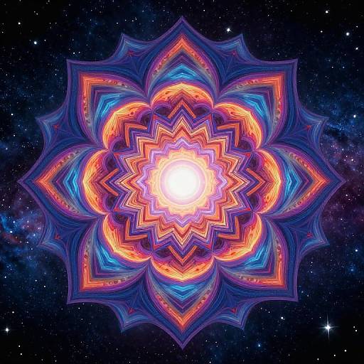 Vibrant digital mandala with glowing neon orange, blue, and purple patterns, set against a starry, cosmic background. Radiant, sym