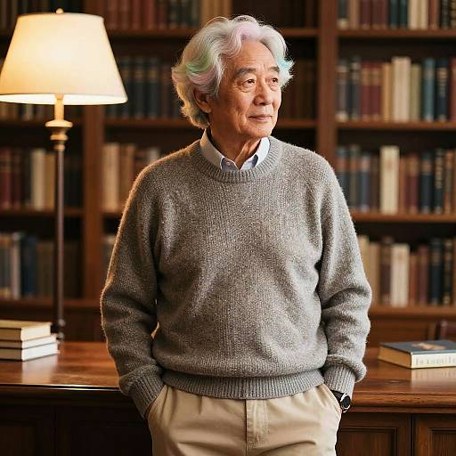 Photograph of an elderly man with gray and white hair, wearing a gray sweater and beige pants, standing in a warmly lit library with bookshelves