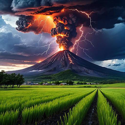 Volcanic Eruption with Lightning over Green Fields