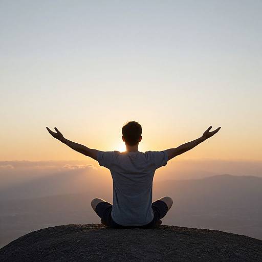 Photograph of a silhouetted man with arms raised, sitting cross-legged on a rocky peak, watching a golden sunset.