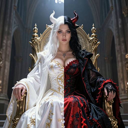 Split-image of a pale-skinned woman with white and black hair, red and black devil horns, white and black gothic dress, sitting on an