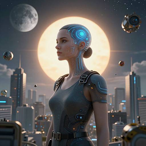 Digital art of a cybernetic woman with glowing blue circuits, in a futuristic cityscape with a large sun-like orb and floating satellites.