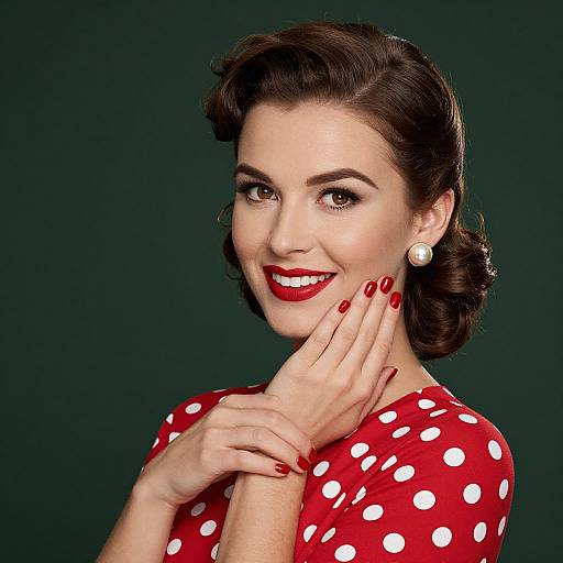 Vintage-style photograph of a smiling woman with dark hair, red lipstick, red polka dot dress, white pearl earrings, and red nails.