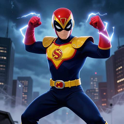 CGI image of a muscular superhero in a blue suit with a red helmet and yellow chest emblem, electrifying fists, standing in a stormy city