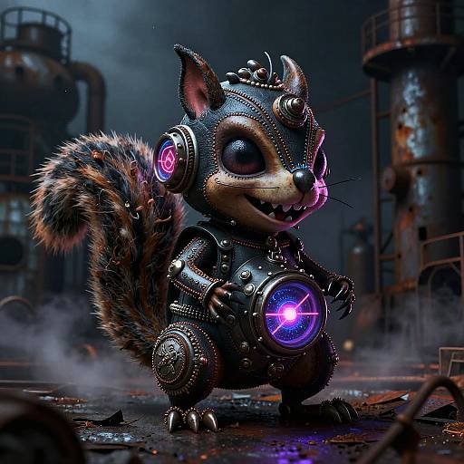 Digital artwork of a cybernetic, glowing-eyed, robotic squirrel with metallic limbs and fur accents, standing in a dark, industrial, smoky warehouse