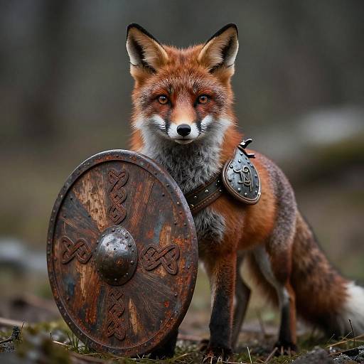 Red Fox in Viking Armor with Wooden Shield