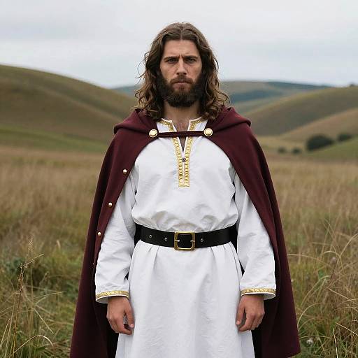 Photograph of a bearded man with long brown hair, wearing a white tunic with gold trim, black belt, and maroon cape, standing