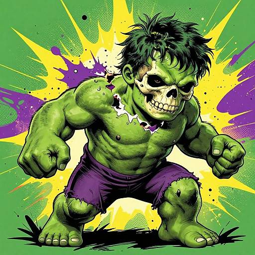 Digital comic-style illustration of a muscular, green-skinned Hulk with a skull-like face, purple shorts, and wild hair, in a powerful stance with