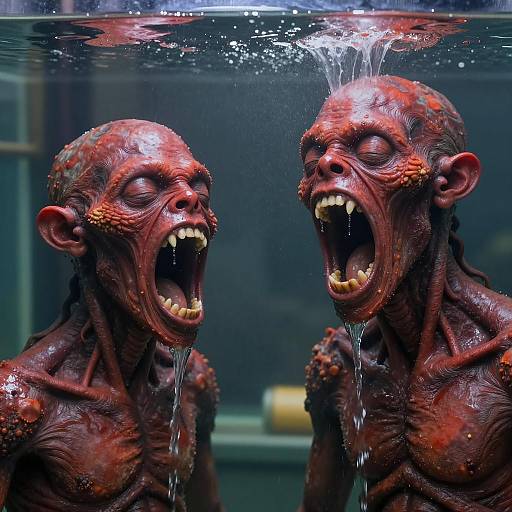 Two Red Humanoid Creatures in Water Tank