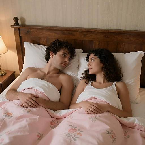 Couple in Bed with Floral Sheets