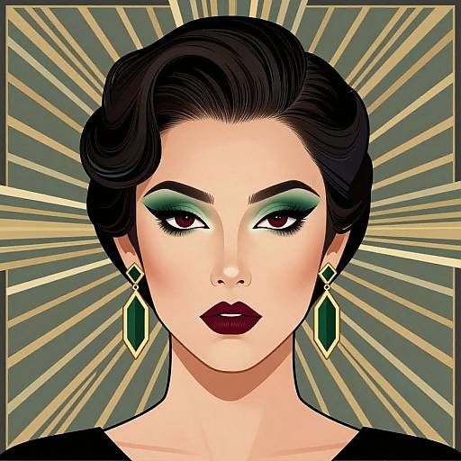 Digital illustration of a pale-skinned woman with dark hair, green eyeshadow, red lipstick, green diamond earrings, and golden ray background.