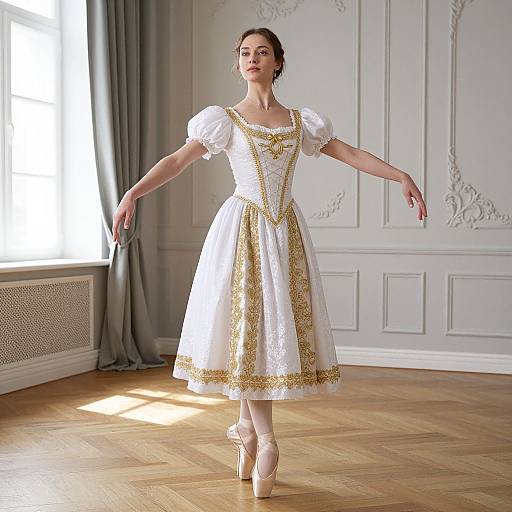 Photograph of a fair-skinned ballerina with brown hair in a white, gold-embroidered dress and pink pointe shoes, poised
