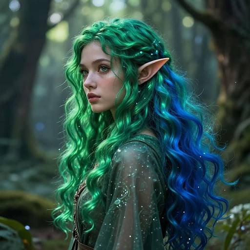Digital fantasy artwork of a fair-skinned, green-haired elf with pointed ears, wearing a translucent, sparkly garment, standing in a mystical forest with