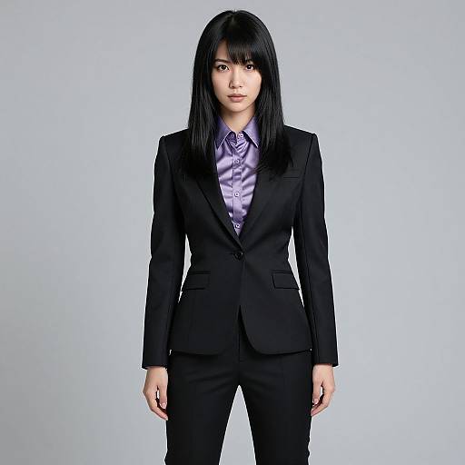 Photograph of an Asian woman with straight black hair, wearing a black suit and purple satin shirt, standing against a plain light blue background.