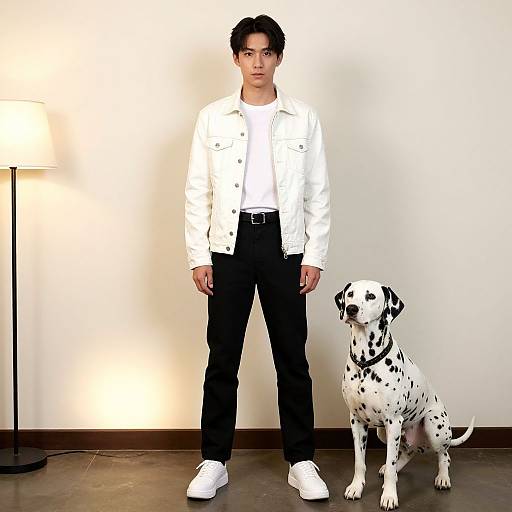 Photograph of a young Asian man with short black hair, wearing a white jacket, black pants, and white shoes, standing beside a white Dalm