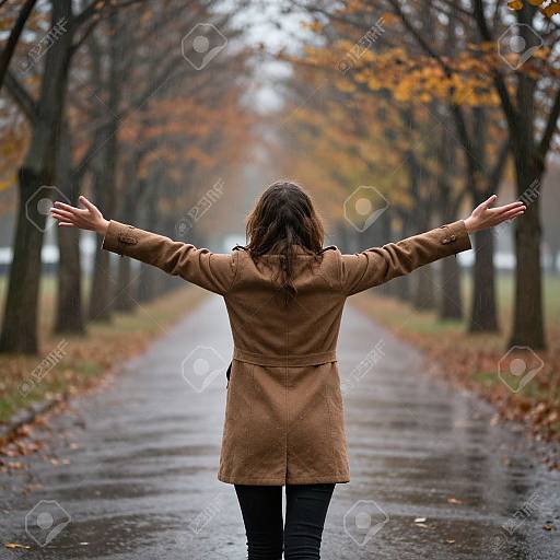 Photograph of a woman with long brown hair wearing a tan coat, standing with arms outstretched on a wet, autumnal tree-lined path.