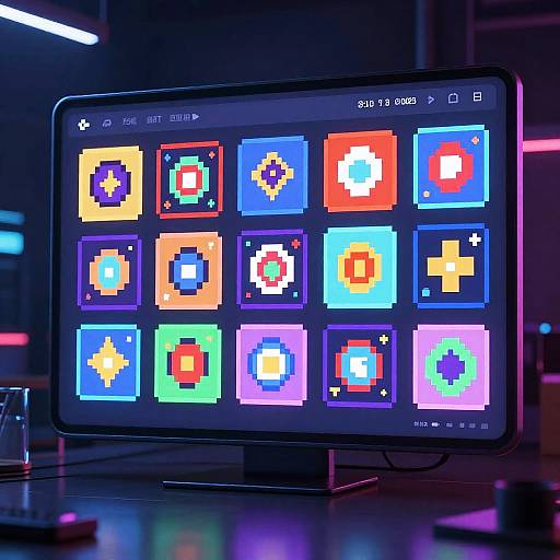 Photograph of a neon-lit computer monitor displaying a colorful, pixelated game interface with 16 vibrant, square game icons against a dark, futuristic