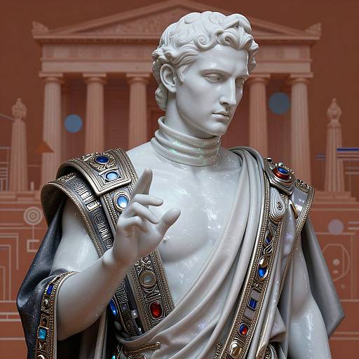 Photorealistic marble statue of a Roman-style male figure with curly hair, adorned in ornate, jeweled robe, pointing forward, against a classical
