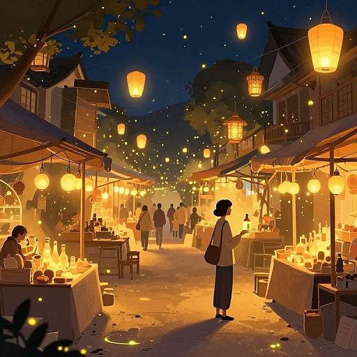 Nighttime market scene in digital anime style, illuminated by glowing lanterns. People browse stalls with warm, yellow lights. Silhouetted woman in
