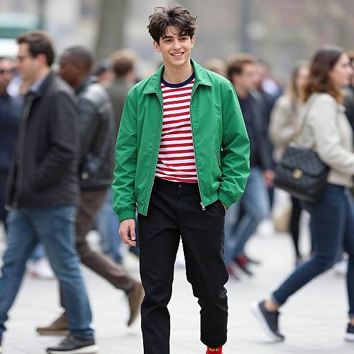 Photograph of a young man with wavy black hair, wearing a green jacket, red and white striped shirt, and black pants, smiling in a