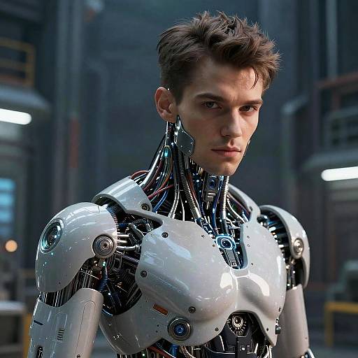 Glowing Cyborg Headshot in Sci-Fi Factory