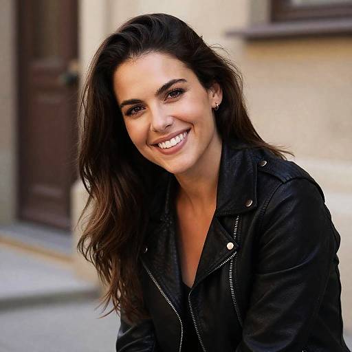 Smiling Woman in Leather Jacket Portrait