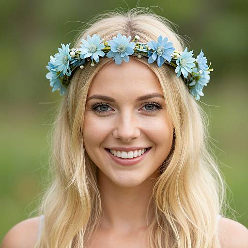 Photograph of a smiling blonde woman with blue flower crown, green blurred background, and natural makeup, wearing a white strapless top.