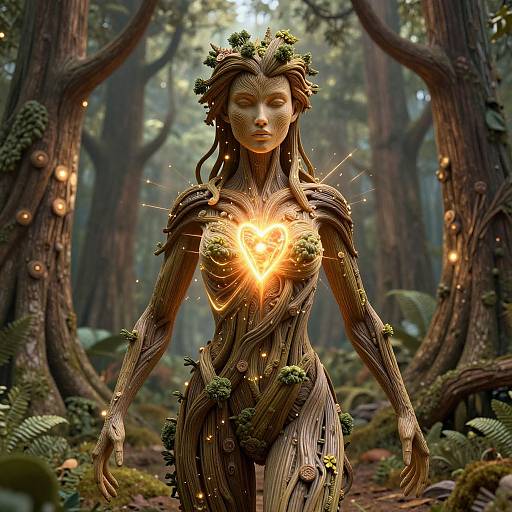 Digital artwork of a forest nymph with a glowing heart, her body intricately formed from twisted wood and moss, standing in a mystical, enchanted forest.