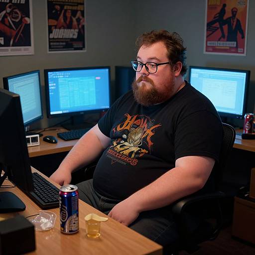 Photograph of a bearded, overweight man with glasses, wearing a black 