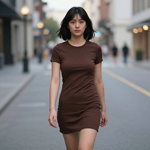 Photograph of an East Asian woman with short black hair, wearing a brown, short-sleeved, body-hugging dress, walking down a blurred