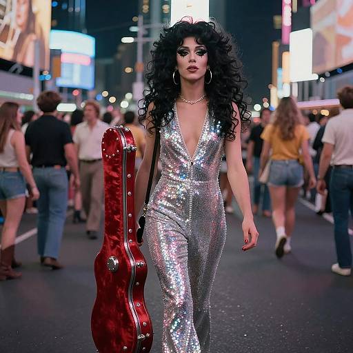 Photograph of a curvy woman with long curly black hair, wearing a silver sequined jumpsuit and holding a red guitar, striding through a