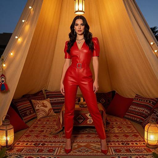Photograph of a woman with long black hair, wearing a red leather jumpsuit and heels, standing confidently in a warmly lit, beige tent with pattern