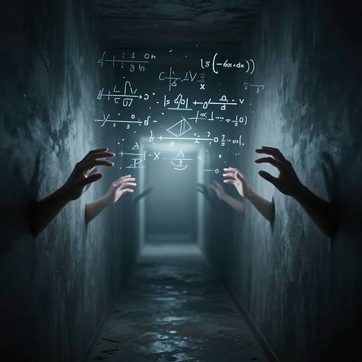 Photograph of two silhouetted hands reaching from dark, concrete walls of a narrow corridor, emitting glowing mathematical equations in white.