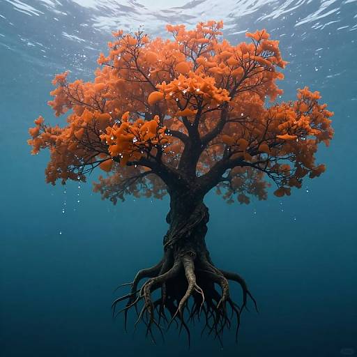 Underwater photograph of a fantastical tree with vibrant orange flowers and twisted, exposed roots, set against a deep blue ocean background.
