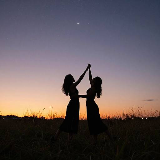 Silhouetted photograph of two women high-fiving against a twilight sky, with a crescent moon and gradient colors of orange, purple, and