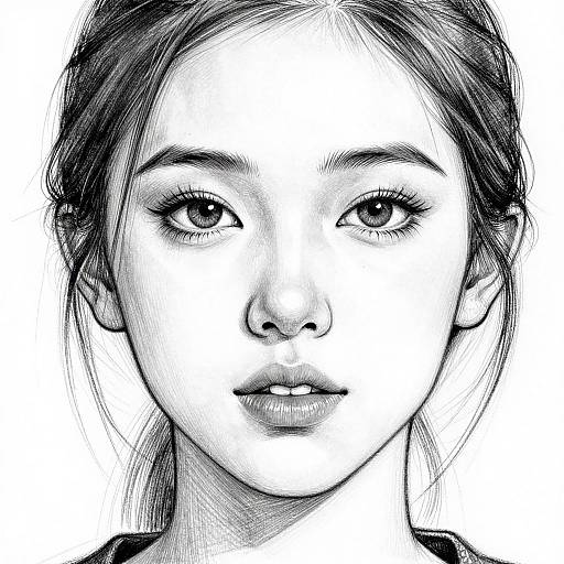 Black and white pencil drawing of a young Asian woman with delicate features, straight hair, and a neutral expression.