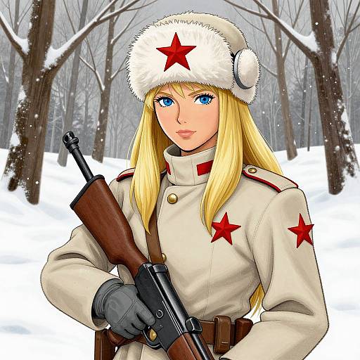 Digital anime-style drawing of a blonde woman with blue eyes, wearing a white fur hat with a red star, white military coat with red stars, black