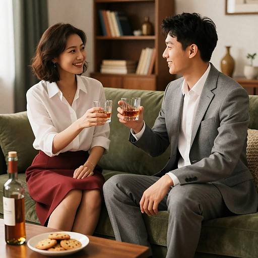 Couple Toasting Whiskey in Cozy Living Room