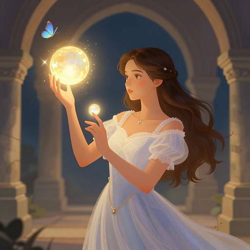 Digital painting of a fair-skinned woman with long brown hair, wearing a white off-shoulder dress, holding glowing orbs and a blue butterfly in
